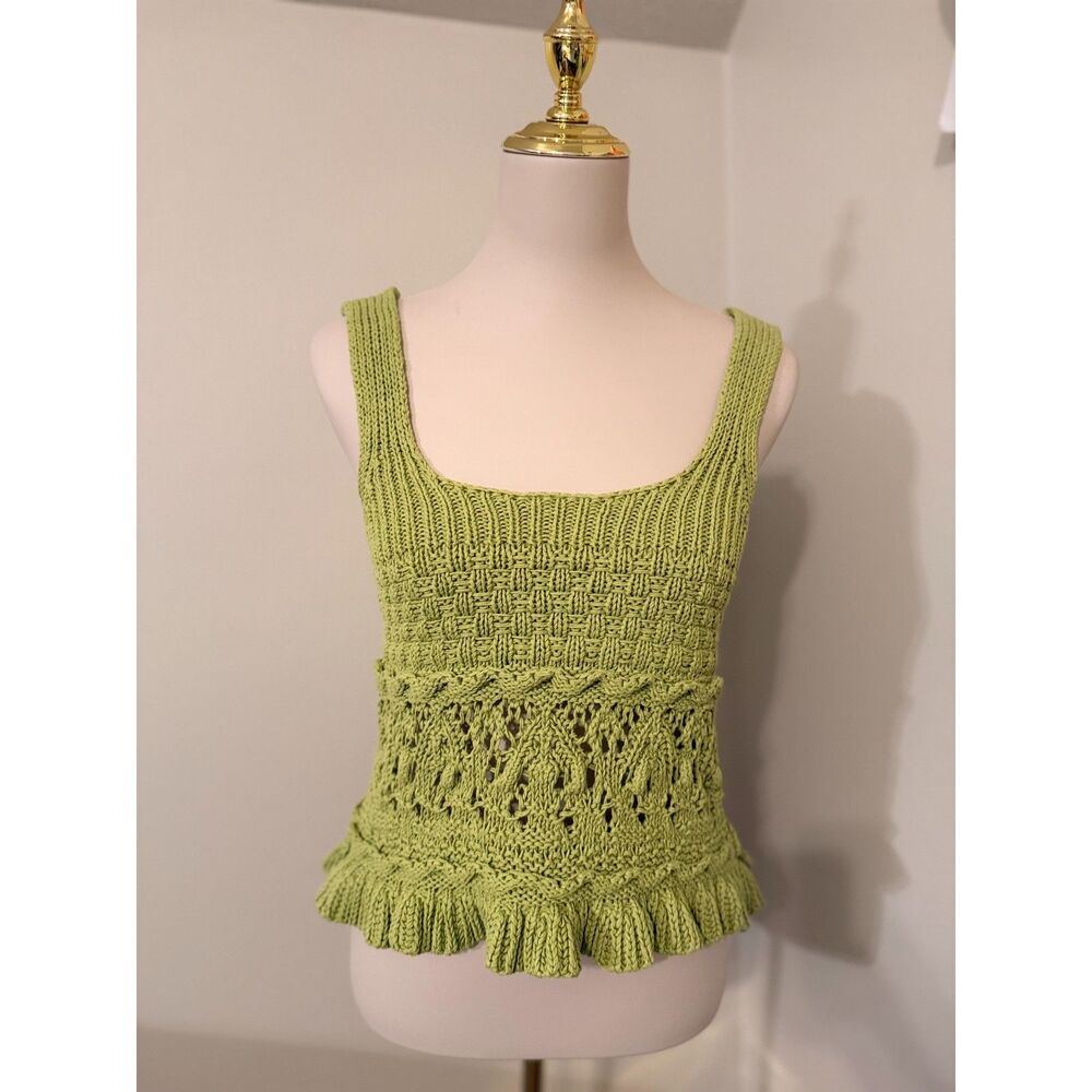 Zara Green Crochet Knit Peplum Ruffle Tank Top Size S Boho Y2K